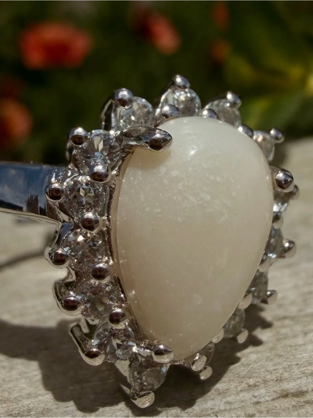 Brilliant White Opal & Blue Topaz Ring | 14K White Gold Plated|Size 8